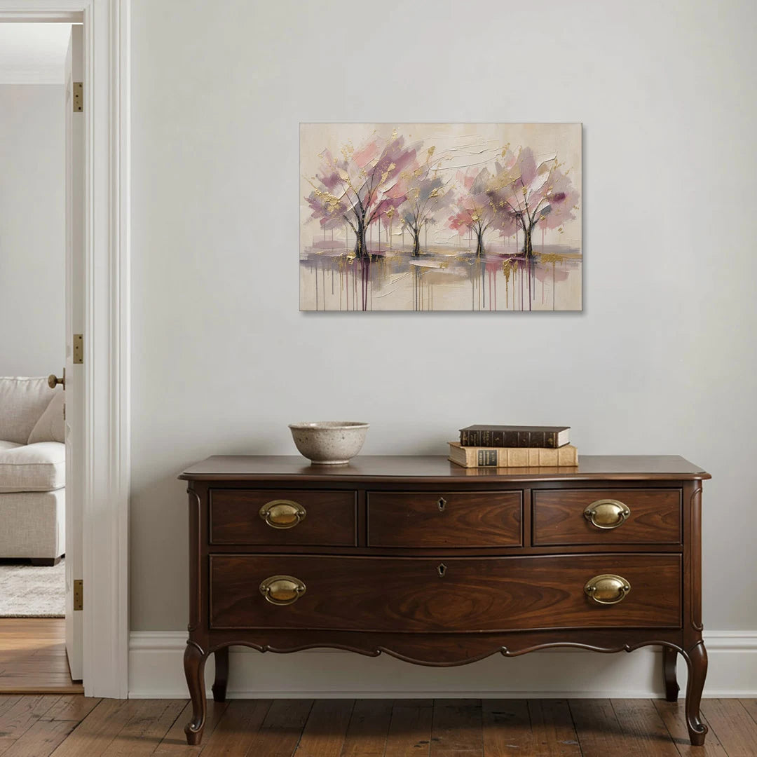 Abstract Cherry Blossom Painting with Gold Drips - Canvas Wall Art - Coffee Table - 36x24