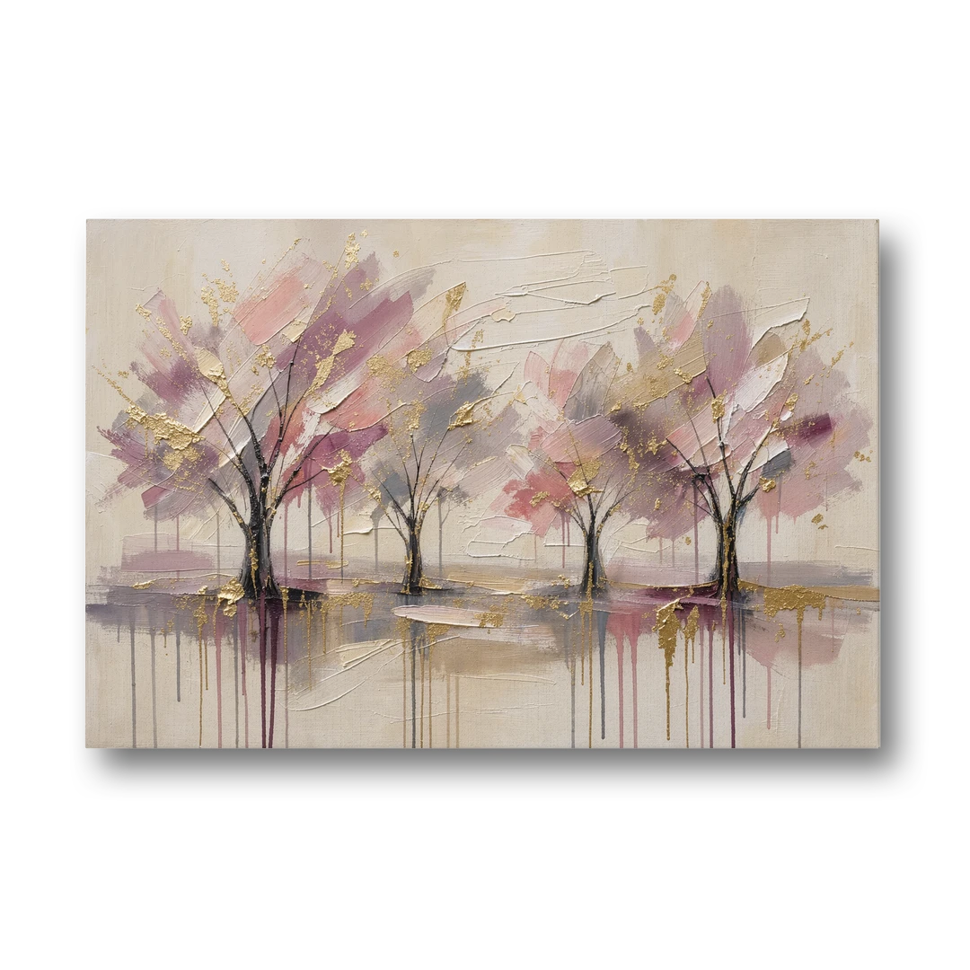 Abstract Cherry Blossom Painting with Gold Drips - Canvas Wall Art - Front