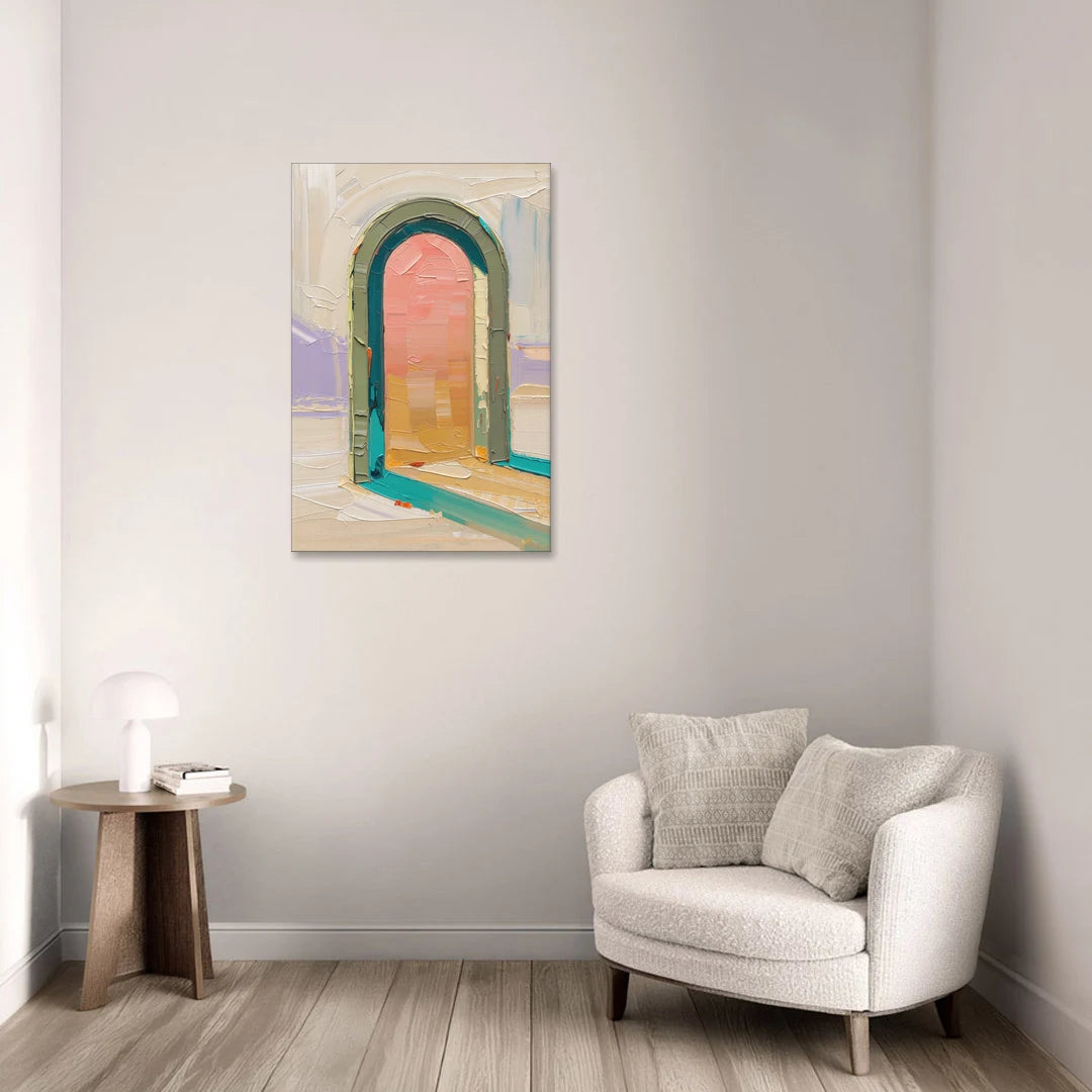 Abstract Sage Green Arch with Peach Glow - Canvas Wall Art - Sofa - 24x36