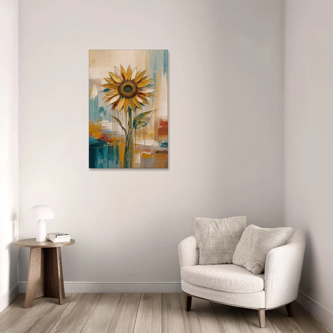 Abstract Sunflower Painting With Gold Drips - Canvas Wall Art - Sofa - 24x36