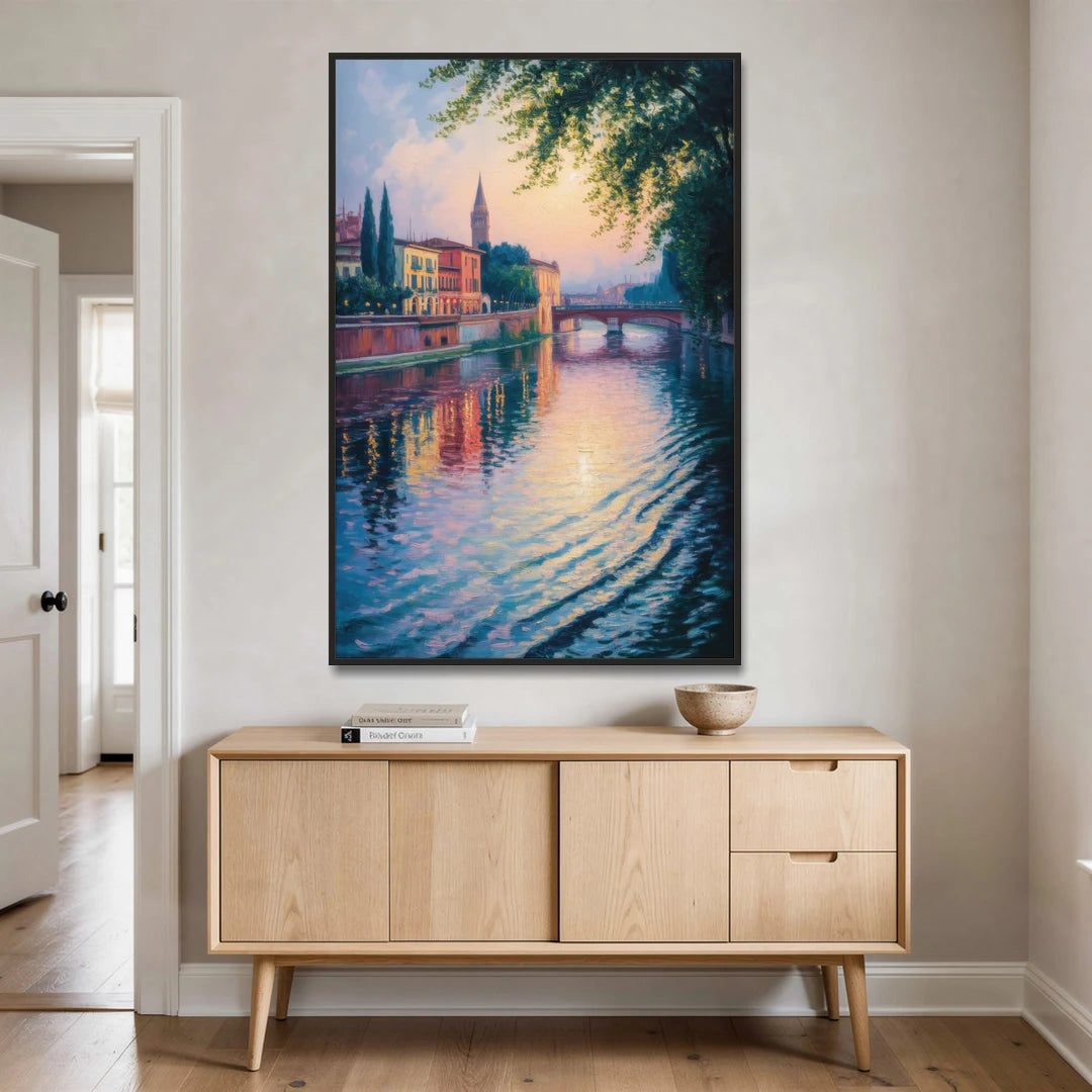 Adige River Reflections - Black Framed Canvas Wall Art - Coffee Table - 40x60