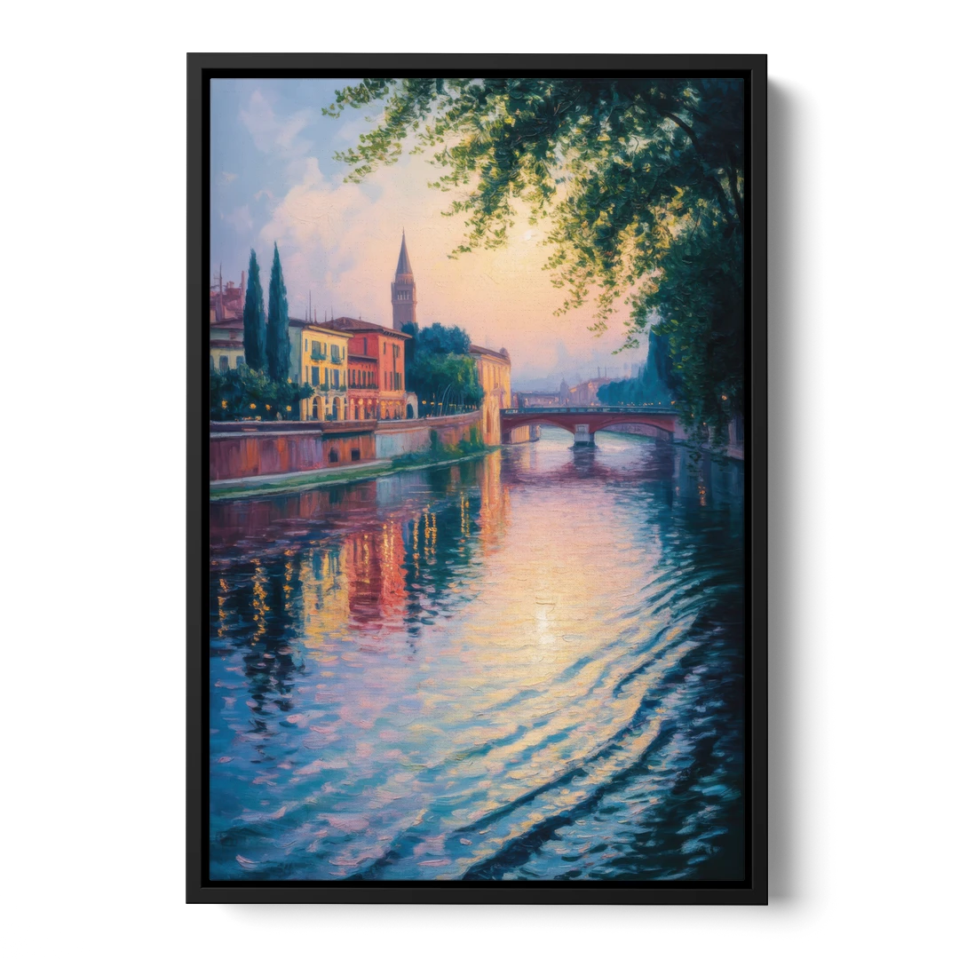 Adige River Reflections - Black Framed Canvas Wall Art - Front