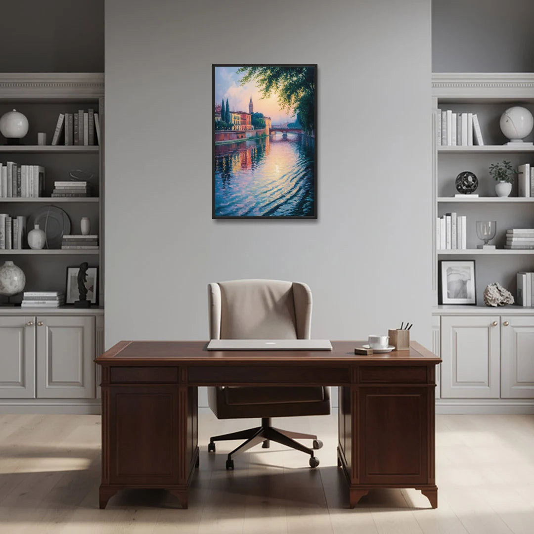 Adige River Reflections - Black Framed Canvas Wall Art - Office - 24x36