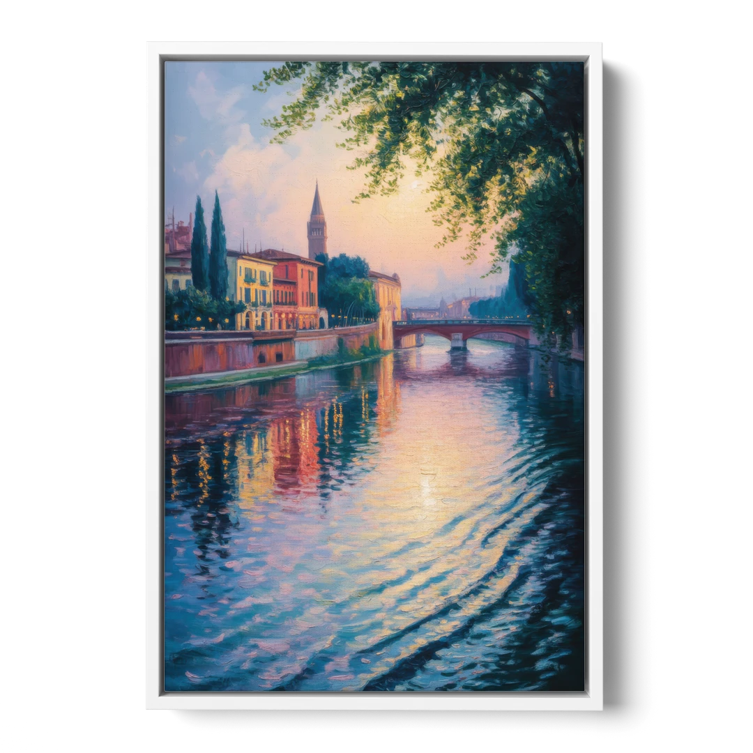 Adige River Reflections - White Framed Canvas Wall Art - Front