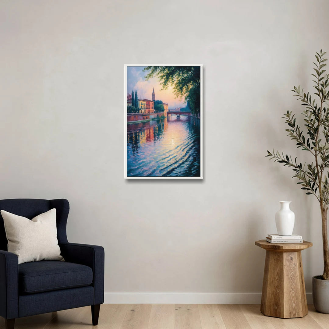 Adige River Reflections - White Framed Canvas Wall Art - Sofa - 20x30
