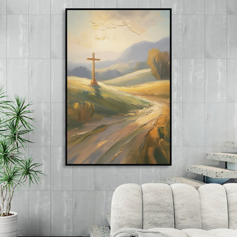 Aesthetic Christian Serene Hillscape Living Room - Black Canvas Wall Art