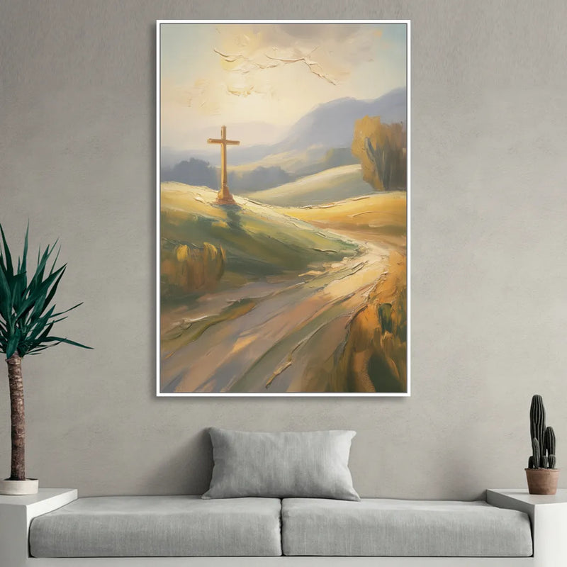 Aesthetic Christian Serene Hillscape Sitting Room - White Canvas Wall Art