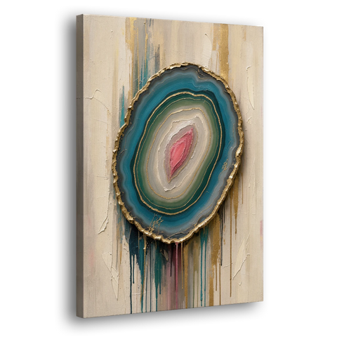 Agate Slice with Gold Rim and Teal Drips - Canvas Wall Art