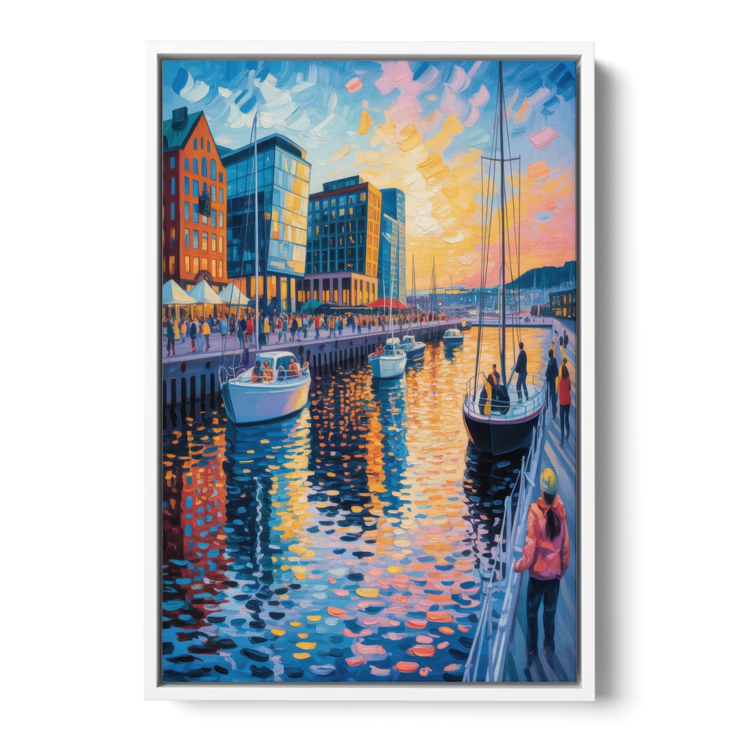 Aker Brygge Vibes - White Framed Canvas Wall Art - Front