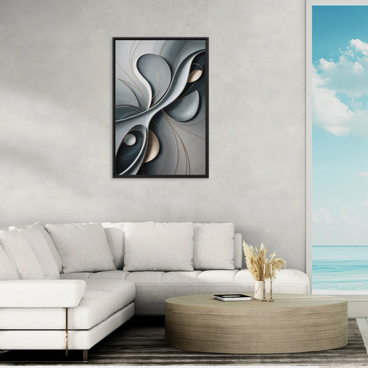 Amorphous Curves in Grey Abstract - Living Room Black Frame Canvas