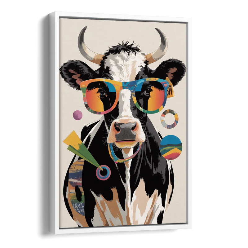 Amusing Cow with Sunglasses Side - White Canvas Wall Art