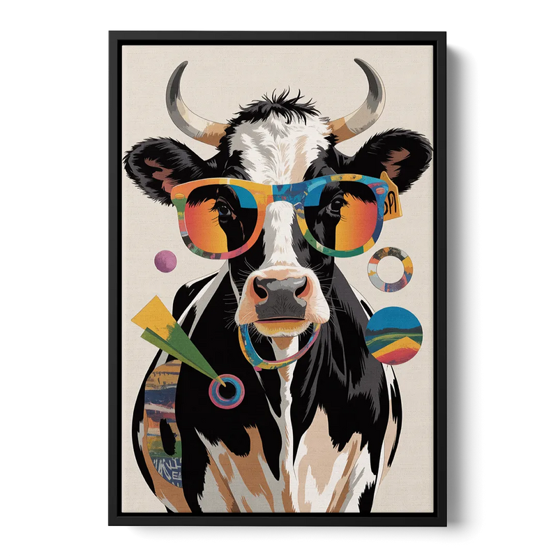 Amusing Cow with Sunglasses Front - Black Canvas Wall Art