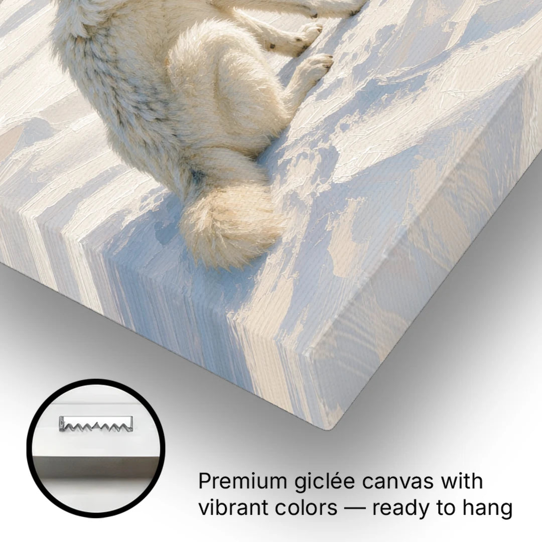 Arctic Wolf Glancing Back at Icebergs - Canvas Wall Art - Gallery Wrap Corner