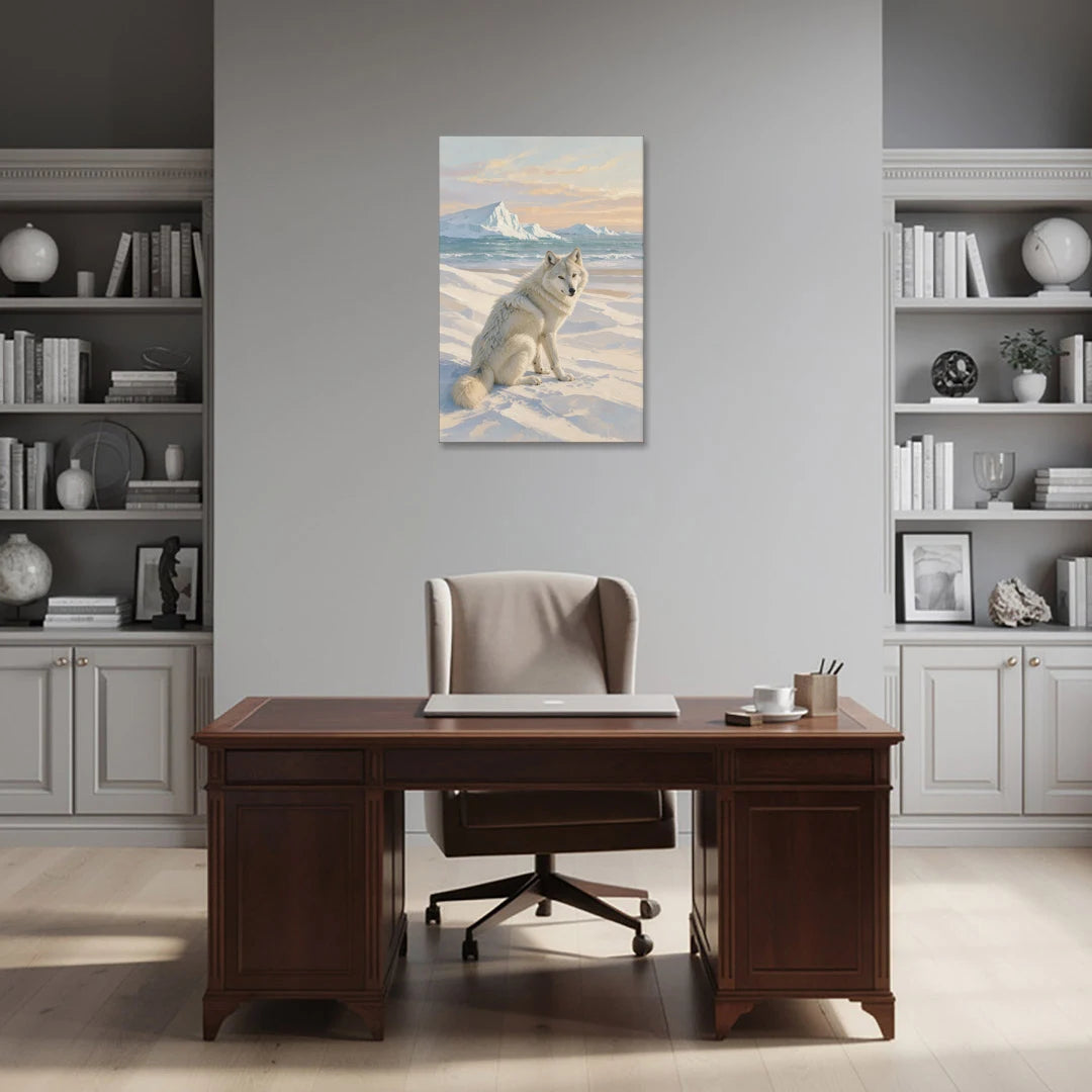 Arctic Wolf Glancing Back at Icebergs - Canvas Wall Art - Office - 24x36