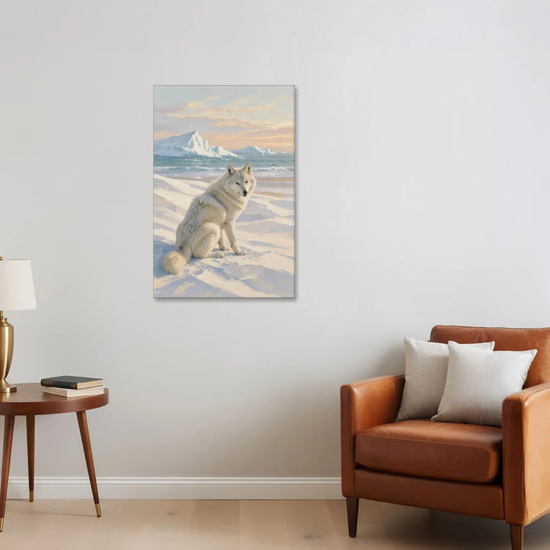 Arctic Wolf Glancing Back at Icebergs - Canvas Wall Art - Sofa - 24x36