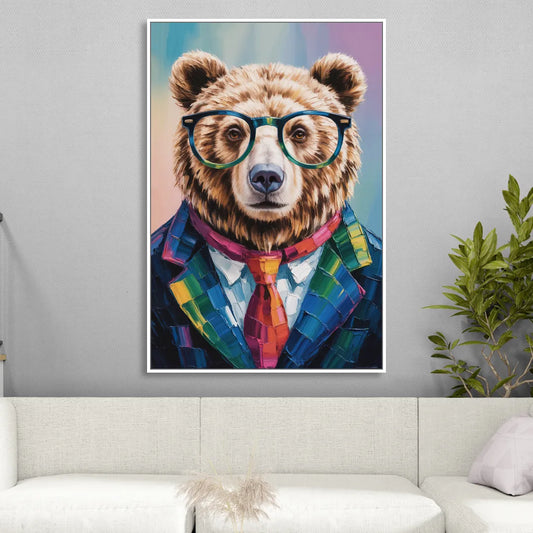 Artistic Bear with Glasses Living Room - White Canvas Wall Art