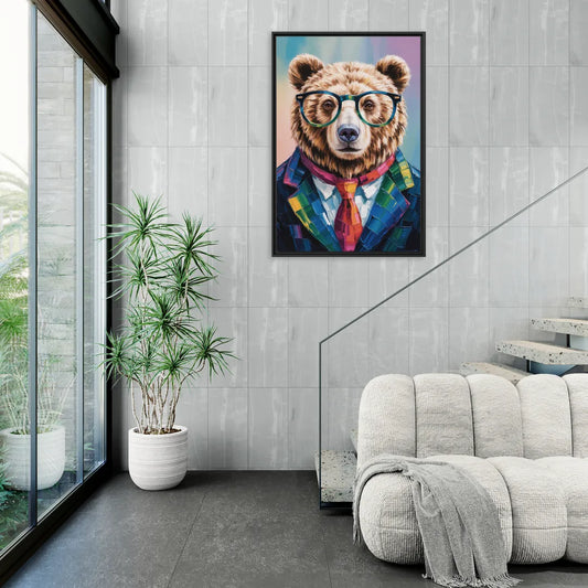 Artistic Bear with Glasses - Living Room Black Frame Canvas