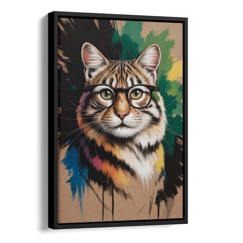 Artistic Cat with Glasses Side - Black Canvas Wall Art