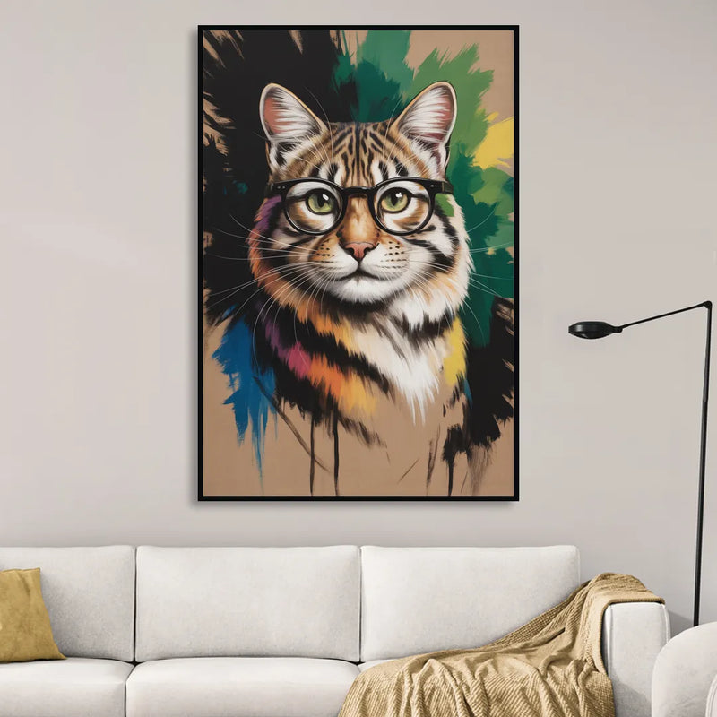 Artistic Cat with Glasses Living Room - Black Canvas Wall Art