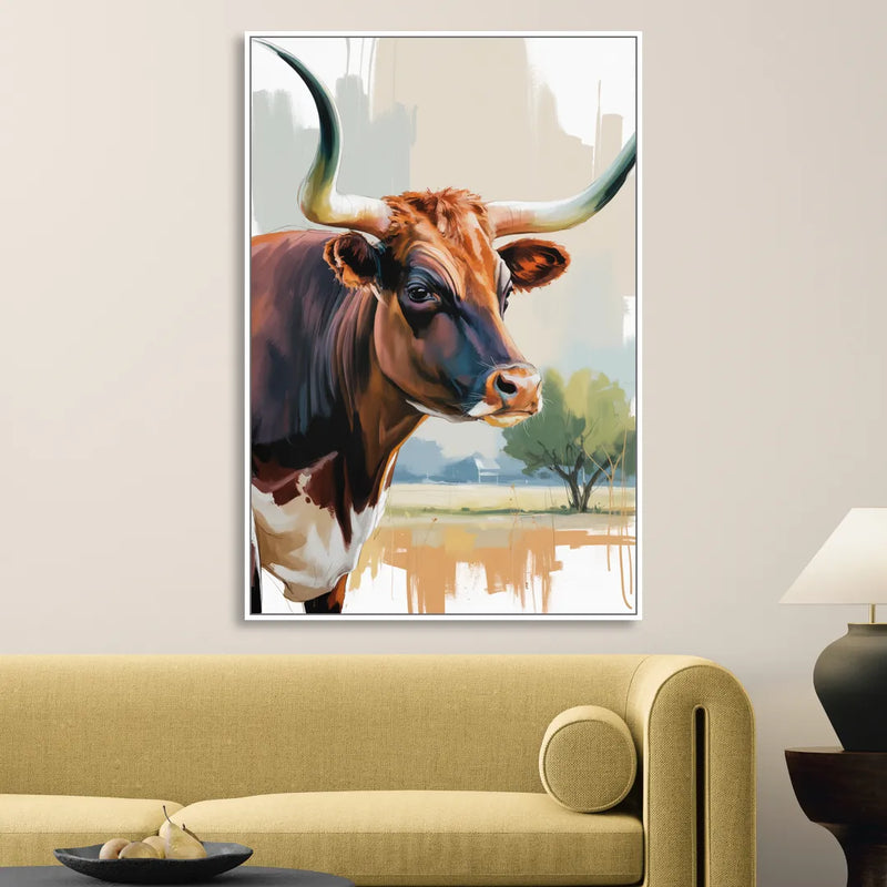 Artistic Longhorn Montage Living Room - White Canvas Wall Art