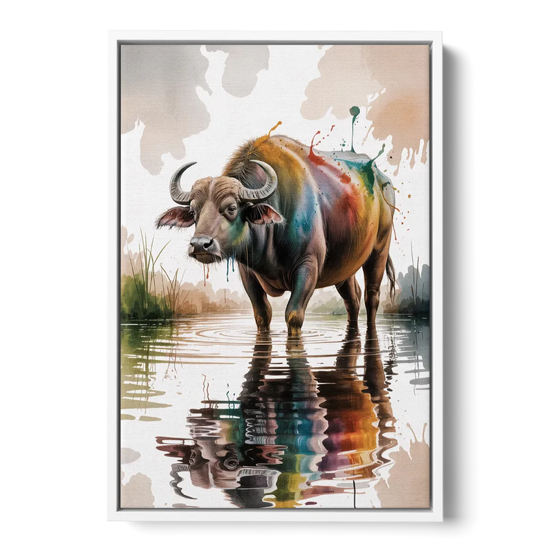 Artistic Water Buffalo in Habitat Front - White Canvas Wall Art