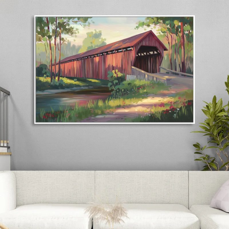 Ashland Covered Bridge Living Room - White Canvas Wall Art