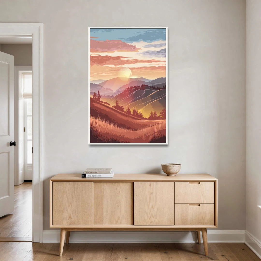 Ashland Sunrise Over Hills - White Framed Canvas Wall Art - Coffee Table - 32x48