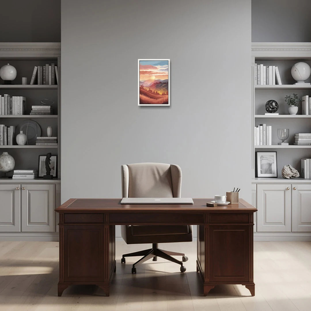 Ashland Sunrise Over Hills - White Framed Canvas Wall Art - Office - 12x18