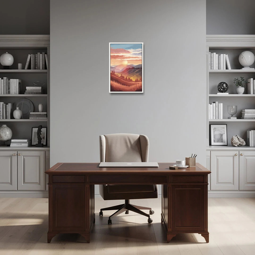Ashland Sunrise Over Hills - White Framed Canvas Wall Art - Office - 16x24