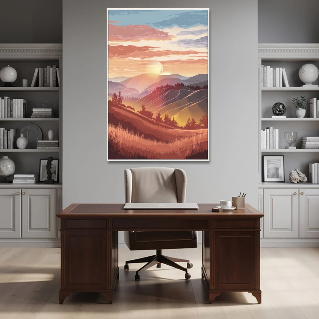 Ashland Sunrise Over Hills - White Framed Canvas Wall Art - Office - 40x60