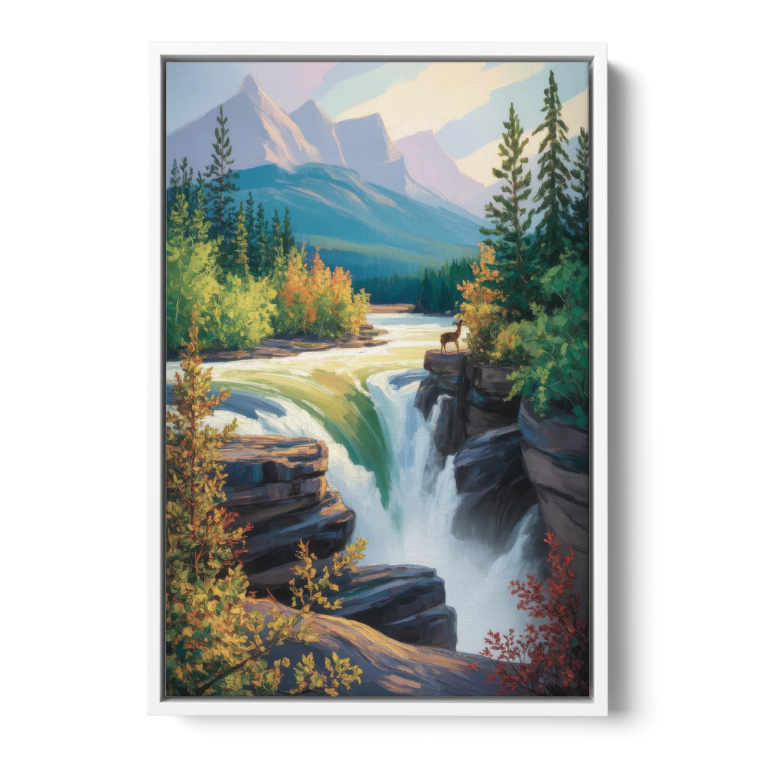 Athabasca Falls Majesty - White Framed Canvas Wall Art - Front