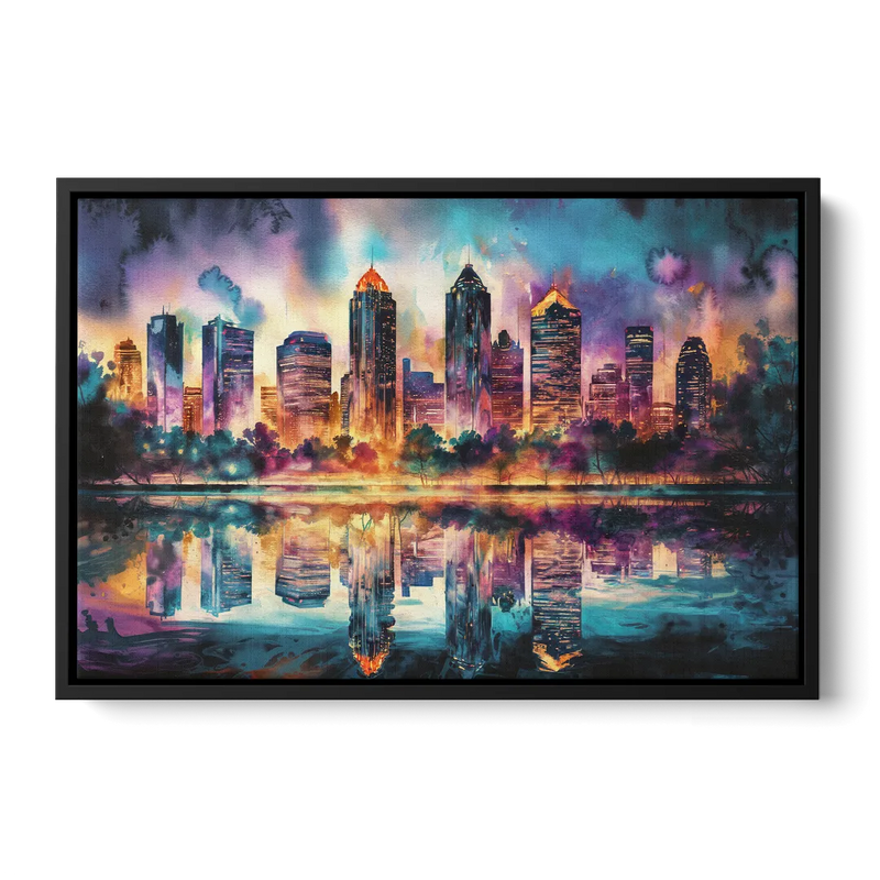 Atlanta Skyline With Reflection Front - Black Canvas Wall Art
