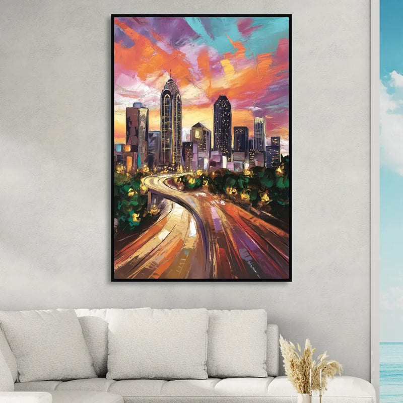 Atlanta Skyline at Sunset Sitting Room - Black Canvas Wall Art
