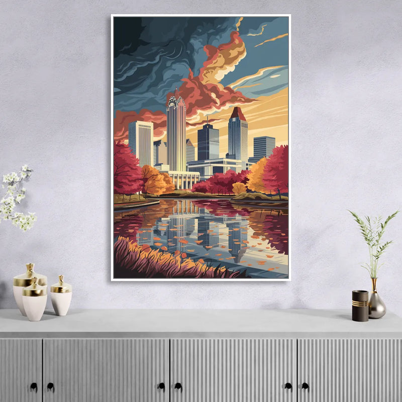 Atlanta Skyline in Autumn Sitting Room - White Canvas Wall Art