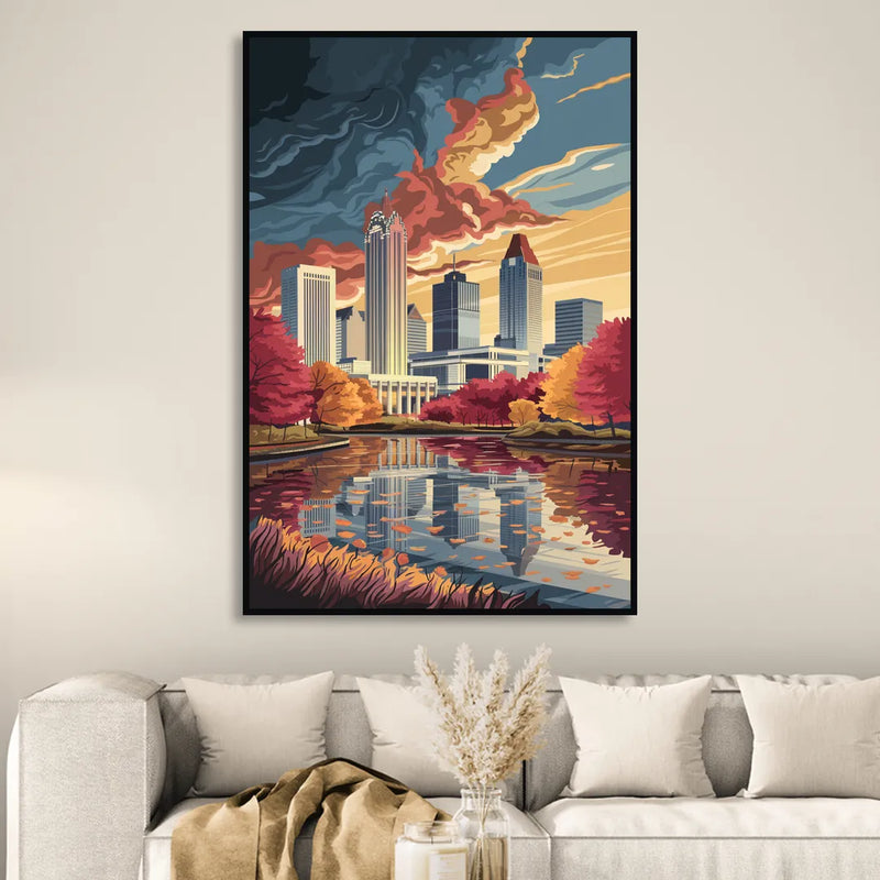Atlanta Skyline in Autumn Sitting Room - Black Canvas Wall Art