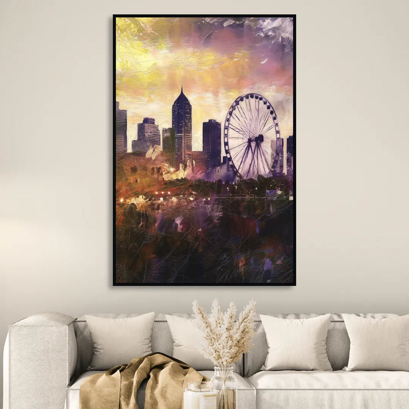 Atlanta Skyline with Ferris Wheel Living Room - Black Canvas Wall Art