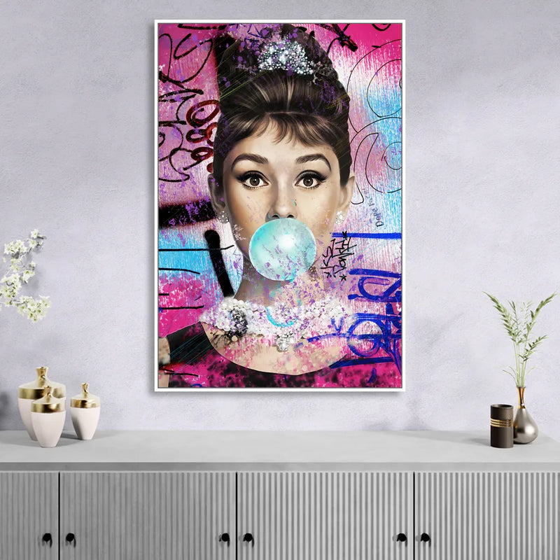 Audrey Bubble Gum Sitting Room - White Canvas Wall Art