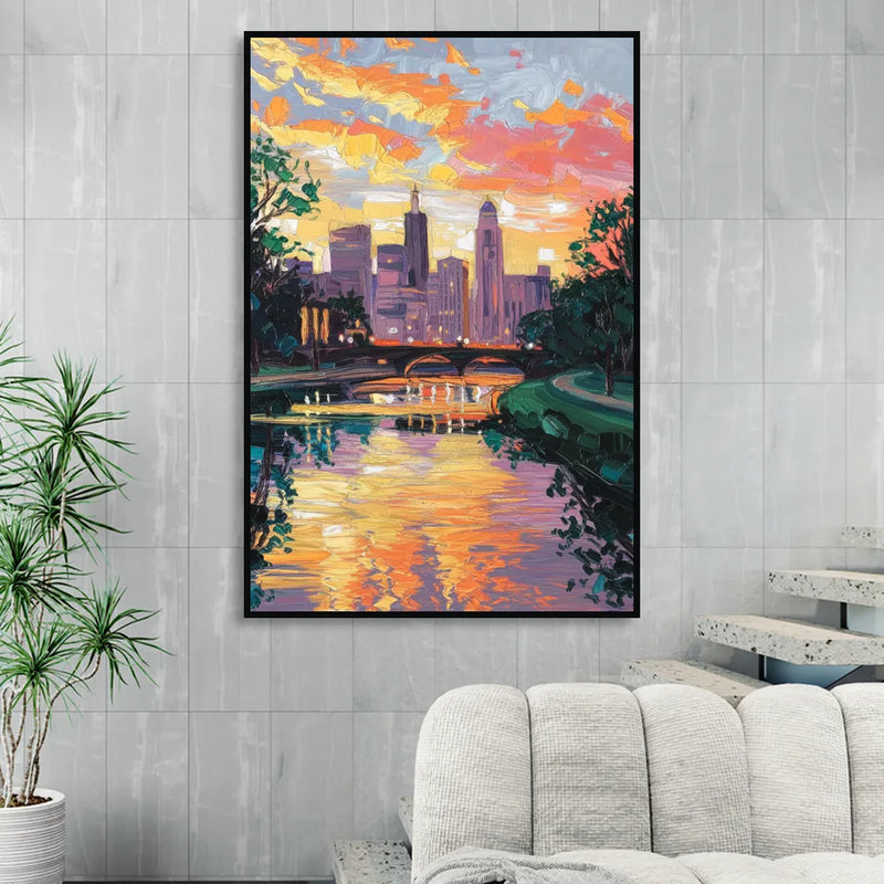 Augusta Sunset Over Skyline Sitting Room - Black Canvas Wall Art