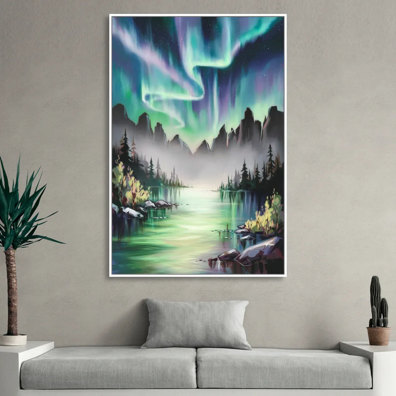 Aurora Borealis Landscape Living Room - White Canvas Wall Art