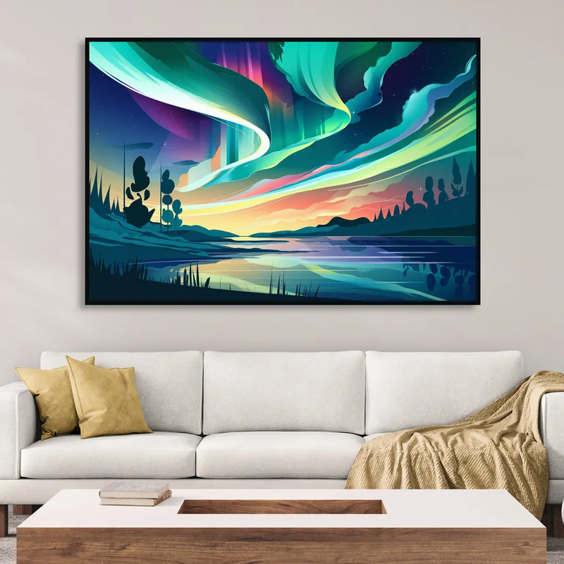 Aurora Borealis Sky Sitting Room - Black Canvas Wall Art