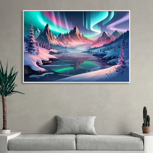 Aurora Snowy Peaks Living Room - White Canvas Wall Art