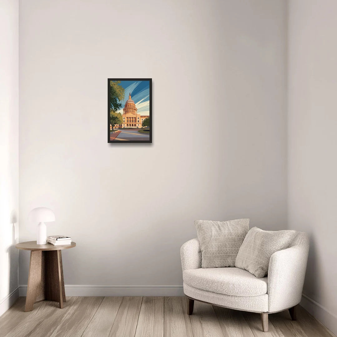 Austin Capitol Building Charm - Black Framed Canvas Wall Art - Sofa - 12x18