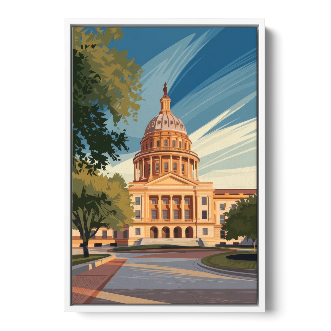 Austin Capitol Building Charm - White Framed Canvas Wall Art - Front