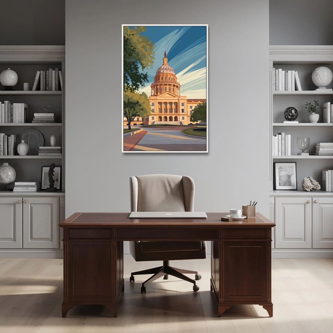 Austin Capitol Building Charm - White Framed Canvas Wall Art - Office - 32x48