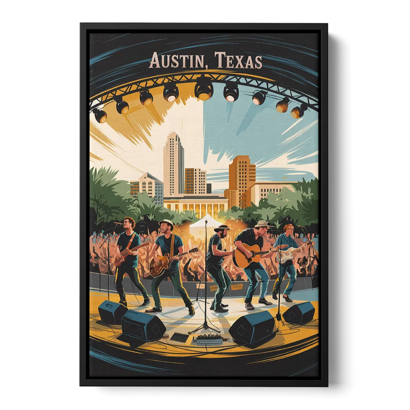 Austin Live Music Capital Front - Black Canvas Wall Art