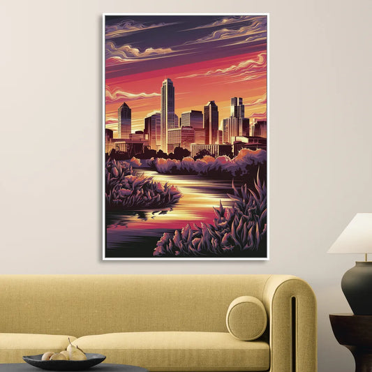 Austin Skyline Sunset Living Room - White Canvas Wall Art