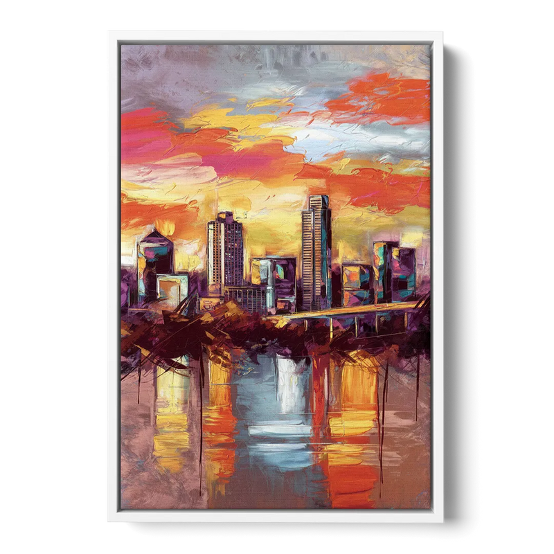 Austin Sunset Over Skyline Front - White Canvas Wall Art