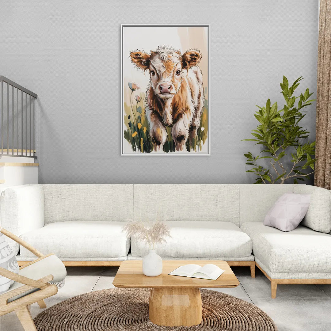 Baby Highland Calf - Living Room White Frame Canvas