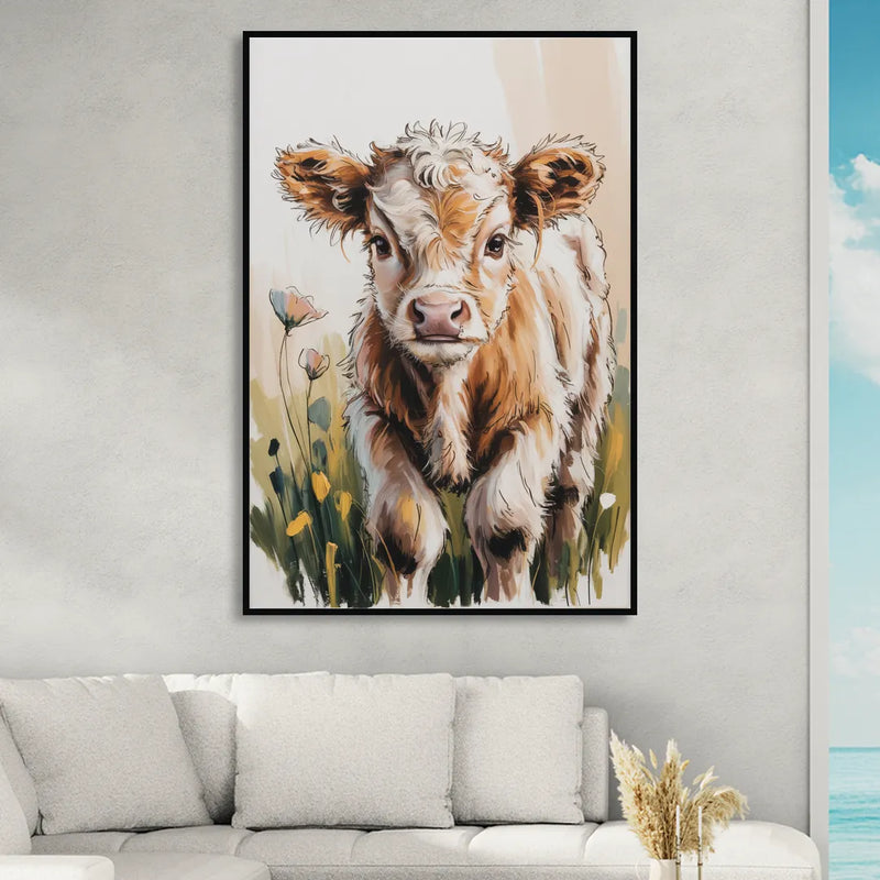 Baby Highland Calf Sitting Room - Black Canvas Wall Art