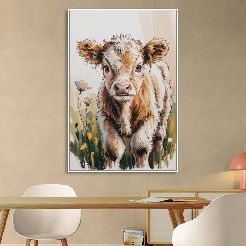 Baby Highland Calf Sitting Room - White Canvas Wall Art